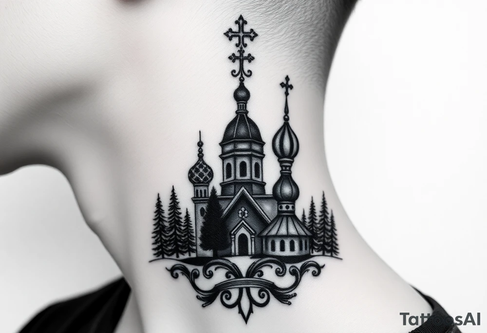 Traditional authentic Russian coat of arms with a Christian orthodox virgin marry in the middle and silhouette in a Russian wilderness Christian orthodoxy dome church village setting on the side of my neck tattoo idea