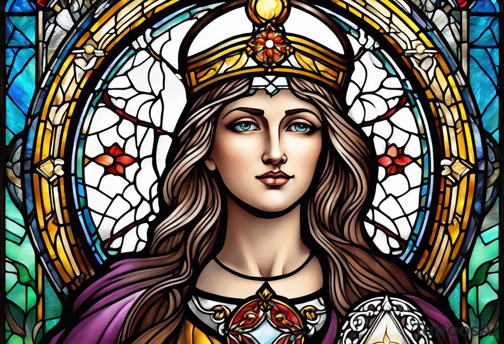 holy saint woman with halo stained glass holding a chalice tattoo idea