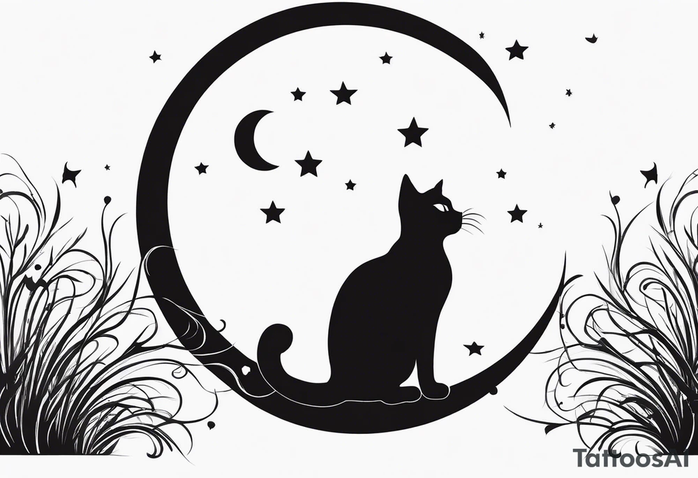 silhouette of full body black cat sitting on outline of crescent moon, simple, white background, no added details, not too busy tattoo idea