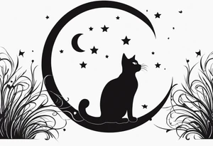 silhouette of full body black cat sitting on outline of crescent moon, simple, white background, no added details, not too busy tattoo idea