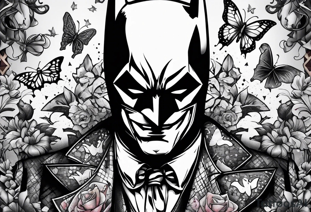 Small Batman and joker tattoo with butterflies and lots of color and harley quinn tattoo idea