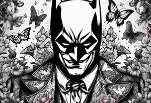 Small Batman and joker tattoo with butterflies and lots of color and harley quinn tattoo idea