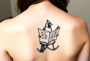 A cardinal wearing a cowboy hat, sitting in a rocking chair reading a newspaper tattoo idea