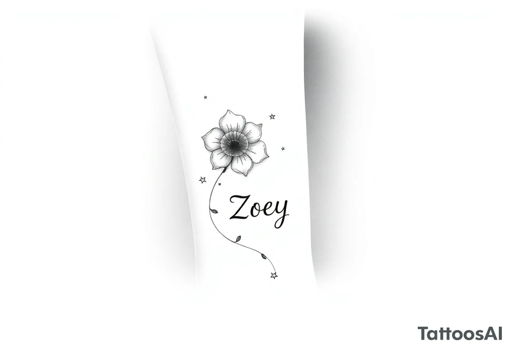 I want it on my wrist. I want a beautiful flower on the inside of my wrist with tendrils down the inside of my arm with little delicate stars or motes and the name Zoey

Why are you showing it on a back? I want it on the inside of my wrist

I want it to be a little smaller. I want the lines to be super fine. I want more organic delicate tendrils. The name Zoey should be about 3" up on the inside of my arm 

I just want the tendrils to look more natural and flowy and graceful.
I do not want stars in it anymore. 
Please show it on the inside of the wrist with the blossom just below the palm and the tendrils curling up the inside of the arm. I want a little more tendrils with some little sparkles very delicate leading to the name
More options. Make it super delicate and graceful. The tendrils can have tiny delicate leaves 

It needs to be on the underside of the wrist on the inside flowing up the arm tattoo idea
