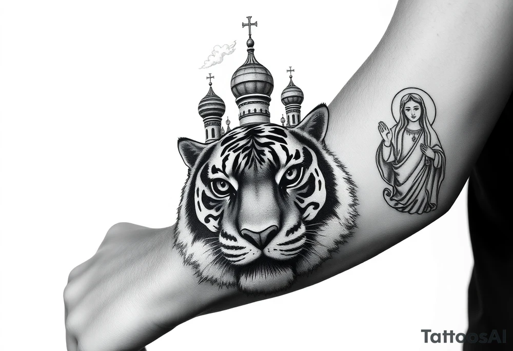 Realistic tiger face on the back of the hand with strong contrast and fine detail with all black eyes. then a highly detailed Russian Orthodox cathedral sitting above on fore arm with onion domes and orthodox crosses, done in fine line, engraving-like style. Cohesive composition, black ink only, no color, high contrast, slightly aged, documentary-style, plain light background. with clouds above and a virgin mary tattoo idea