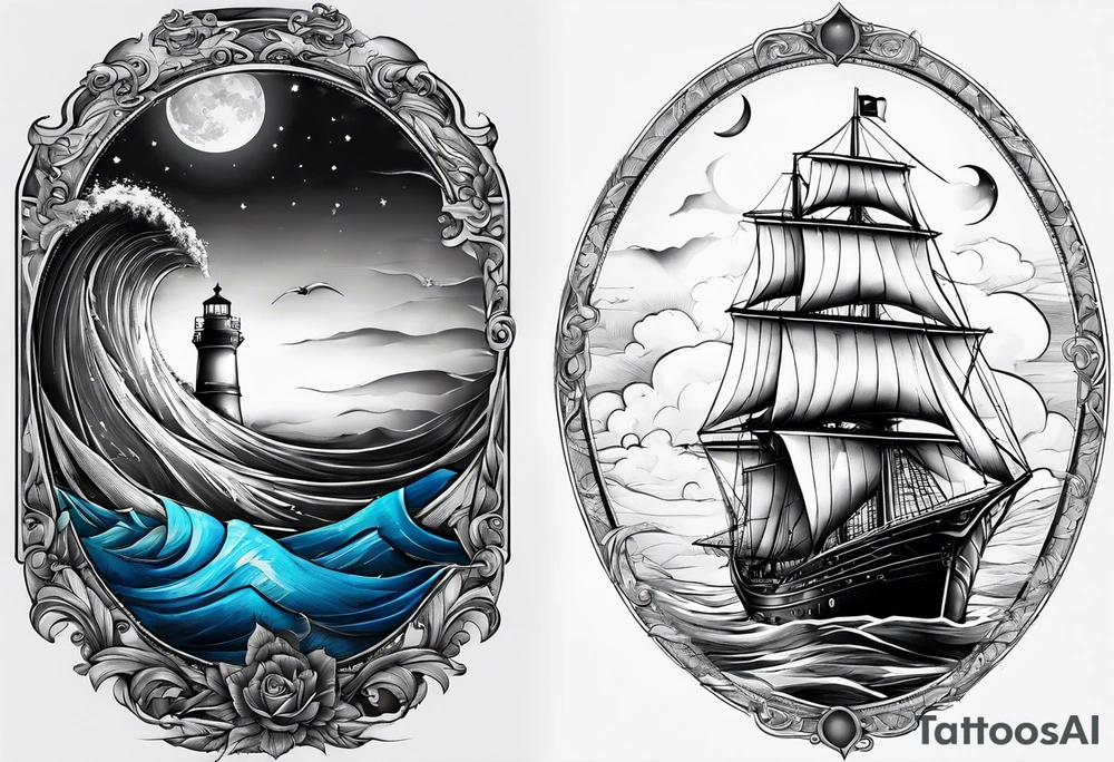 bateau, phare maritime et lune bleu tattoo idea