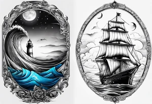 bateau, phare maritime et lune bleu tattoo idea