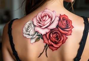 Three roses in different stages of bloom—white (beginning), pink (growth), and deep red (passion)—sorted one under another tattoo idea