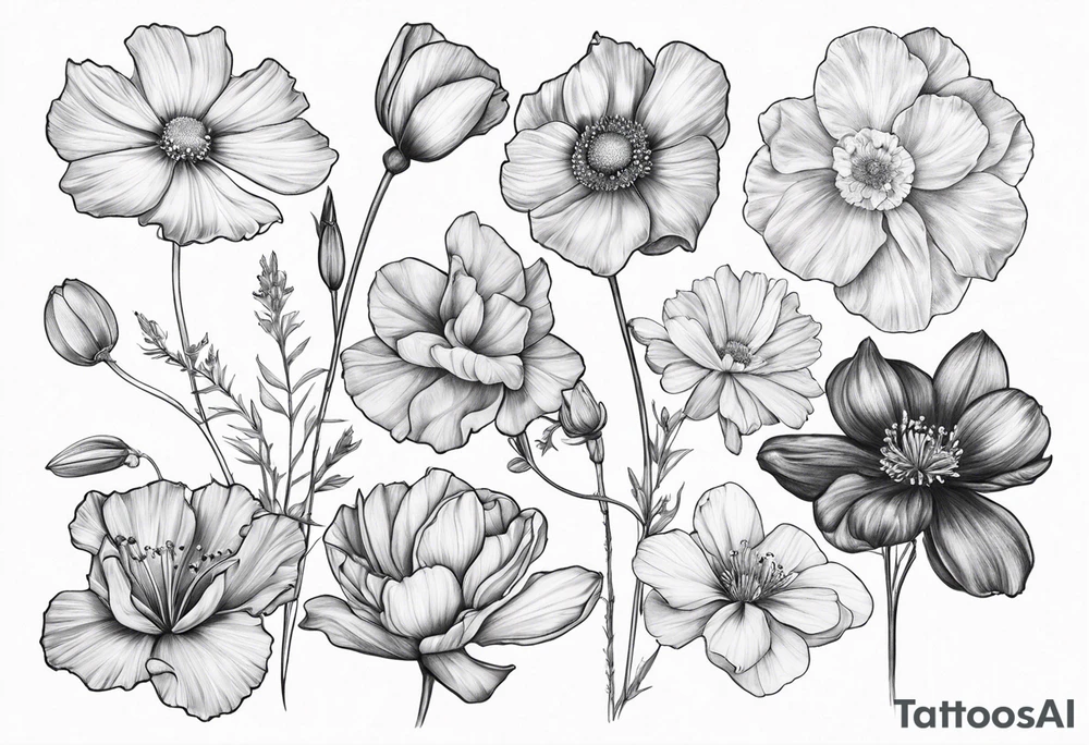 1 cosmos flower, 1 iris, 1 larkspur, 1 daisy, 1 poppy tattoo idea