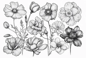 1 cosmos flower, 1 iris, 1 larkspur, 1 daisy, 1 poppy tattoo idea