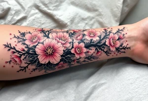 Japanese-Inspired Sakura Sleeve – A full arm sleeve with vibrant pink blossoms, bold black branches, and traditional elements like waves, smoke, and clouds, all done in a classical Irezumi style. tattoo idea