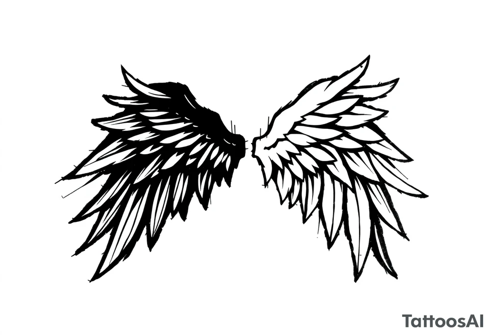 This tattoo design features a pair of asymmetrical angel wings drawn in black ink with a rough, sketch-like style. The left wing is darker, more defined, and appears denser, while the right wing is lighter, more delicate, and fragmented, creating a contrast between the two. The feathers are sharp and irregular, with fine lines and stray strokes extending outward, adding a raw and artistic feel. The overall look is dynamic and slightly chaotic, giving the impression of movement or an unfinished, ethereal form. This design symbolizes duality, freedom, transformation, or even struggle, making it a meaningful and visually striking tattoo. tattoo idea
