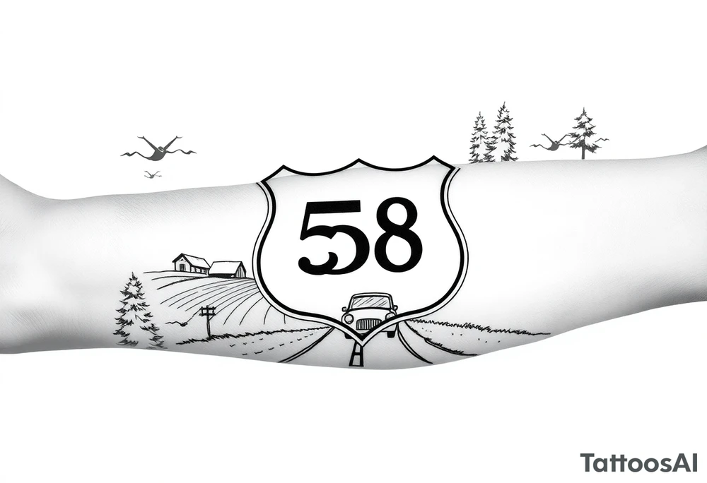 small State Route sign 558, with trees all around and a farm in background, road with a car scenic tattoo idea