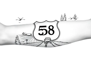 small State Route sign 558, with trees all around and a farm in background, road with a car scenic tattoo idea