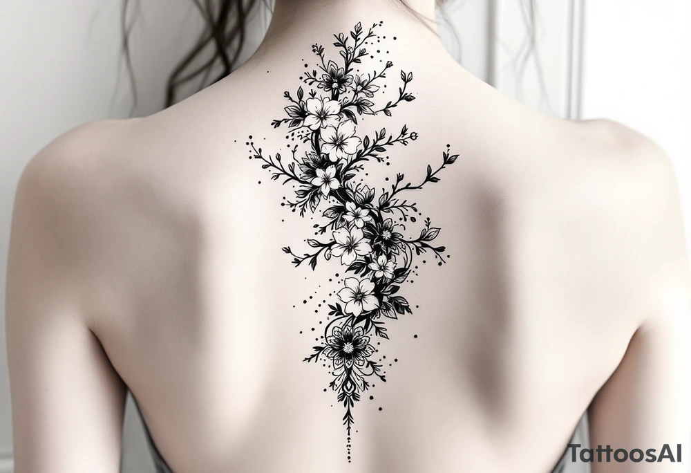 1.	Cherry Blossom Flow (Central Spine): A cascading cherry blossom flowing vertically along the spine to cover the central portion of the existing tattoo. Symmetrical patterns inspired by ornamental designs, with intricate curves and dotwork extending outward from the base of the spine. These elements should balance the floral motif and enhance the lower back area with a decorative, feminine flair.
	3.	Dotwork and Contouring: Delicate linework and dot patterns should be added around the floral design to give texture and seamlessly blend the tattoo with the surrounding skin. The ornamentation should curve naturally along the shape of the body, creating a cohesive, elegant look. tattoo idea