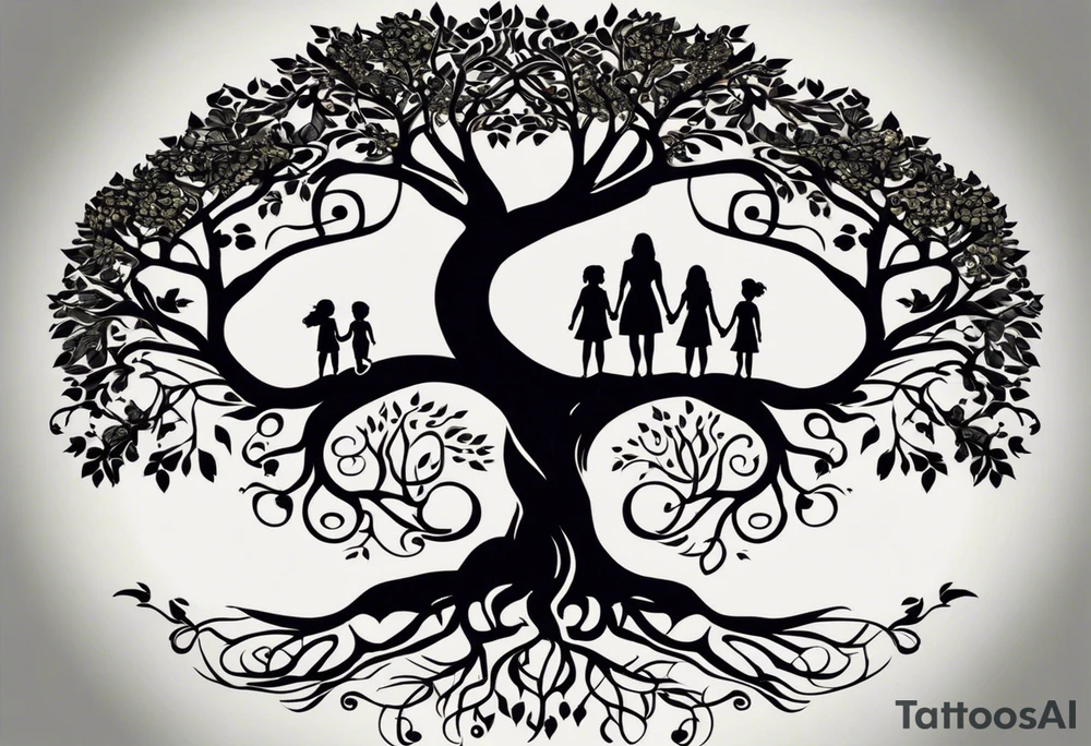 A tattoo design symbolizing a strong family bond between a mother and her two sons. The design features a tree with deep roots, representing a clan or tribe with an unbreakable connection. In the center, a mother stands with two children, one on each side, holding hands. The tree's branches surround them, symbolizing protection and unity. Use colors sparingly, but with impact. The tattoo should convey an indestructible bond and unconditional love between the three. It should also illustrate the ability to move forward together, even on a winding road, with maternal strength and protection emphasized. Intended placement: on the arm tattoo idea