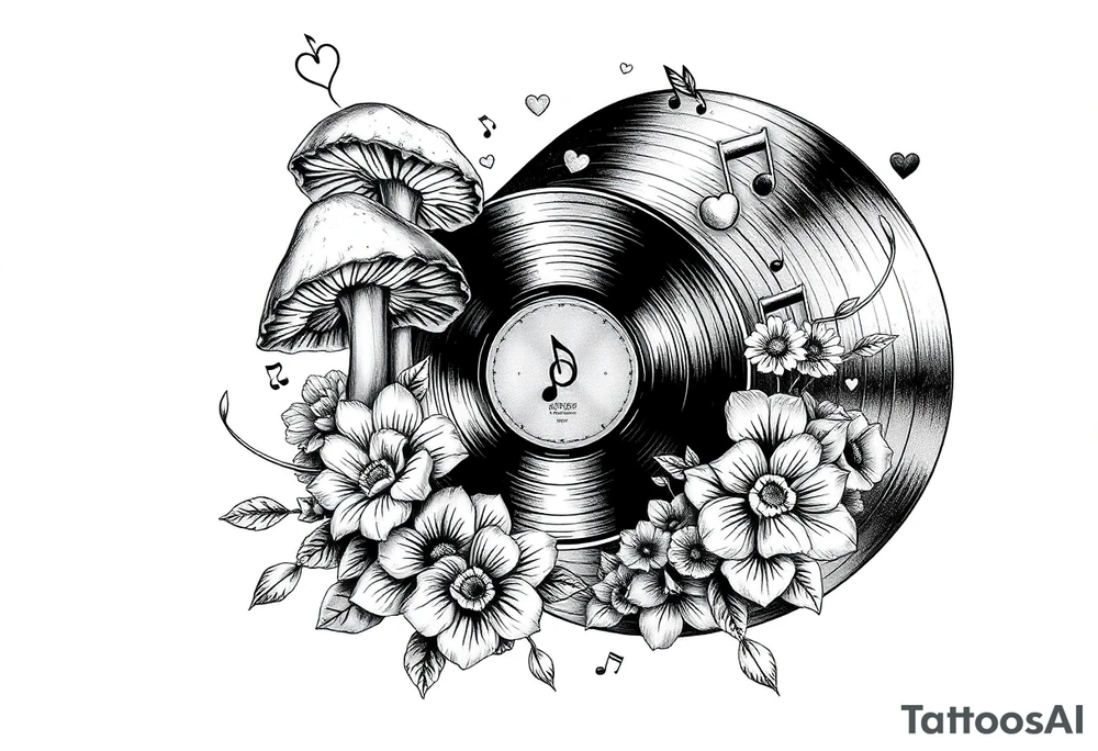 vinyl record with mushrooms, flowers, hearts, and music notes tattoo idea