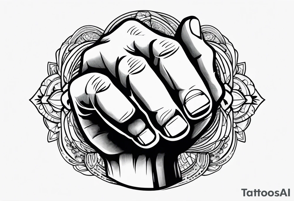 A clenched fist, the hand contains five fingers as specified, the tattoo is a back tattoo using negative space drawing techniques tattoo idea