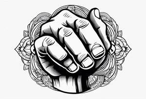 A clenched fist, the hand contains five fingers as specified, the tattoo is a back tattoo using negative space drawing techniques tattoo idea