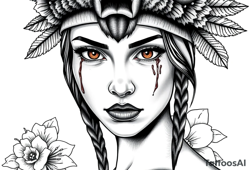 Young Symmetrical Beautiful Woman, looking forward, with colored eyes, shedding a tear, with battle scars and blood on face, with soft look, wearing a mean looking bear headdress on head, with flower background tattoo idea