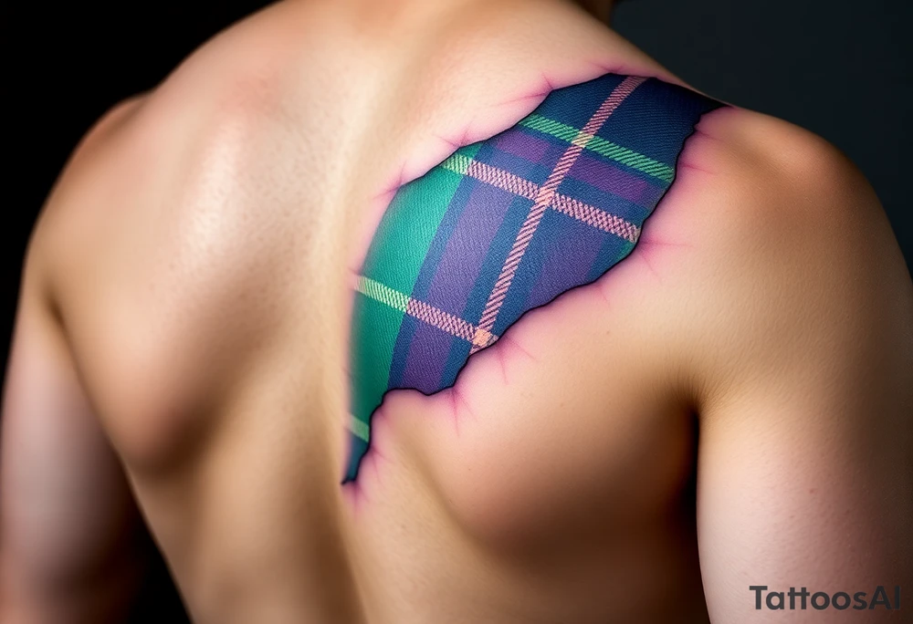 Dark Purple with green pink blue and white highlights tartan fabric on bicep with skin tearing away to reveal tartan underneath tattoo idea