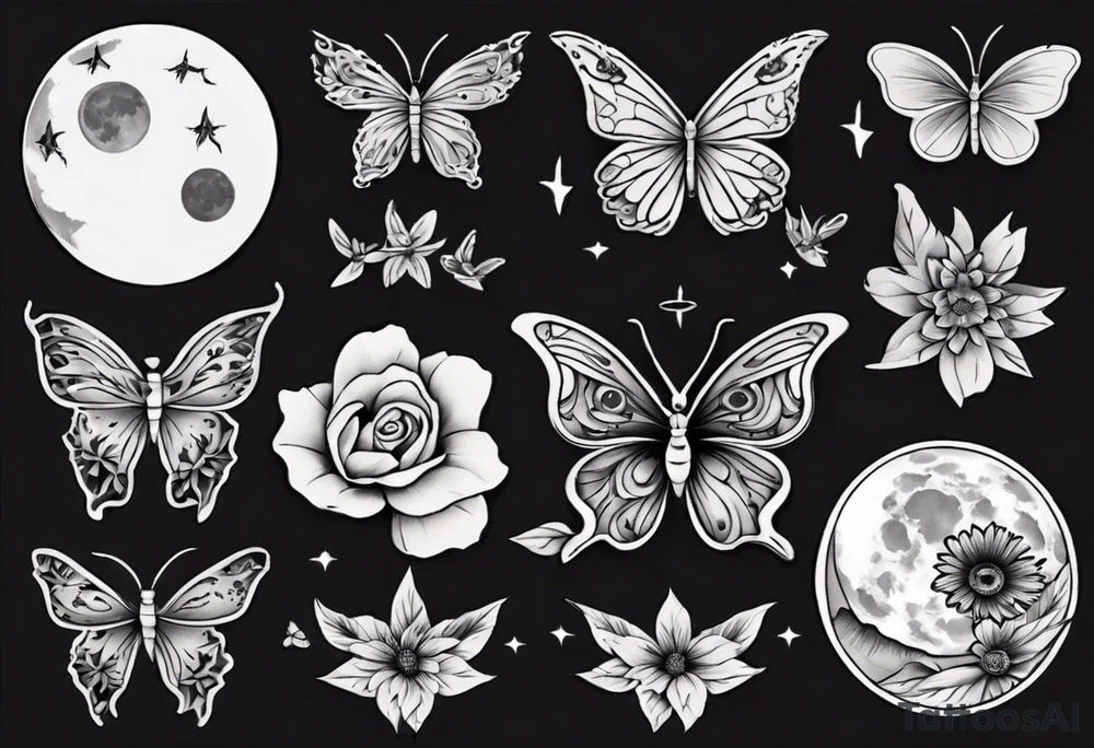tattoo with floral and butterflies and moon tattoo idea