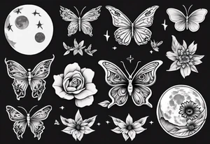 tattoo with floral and butterflies and moon tattoo idea
