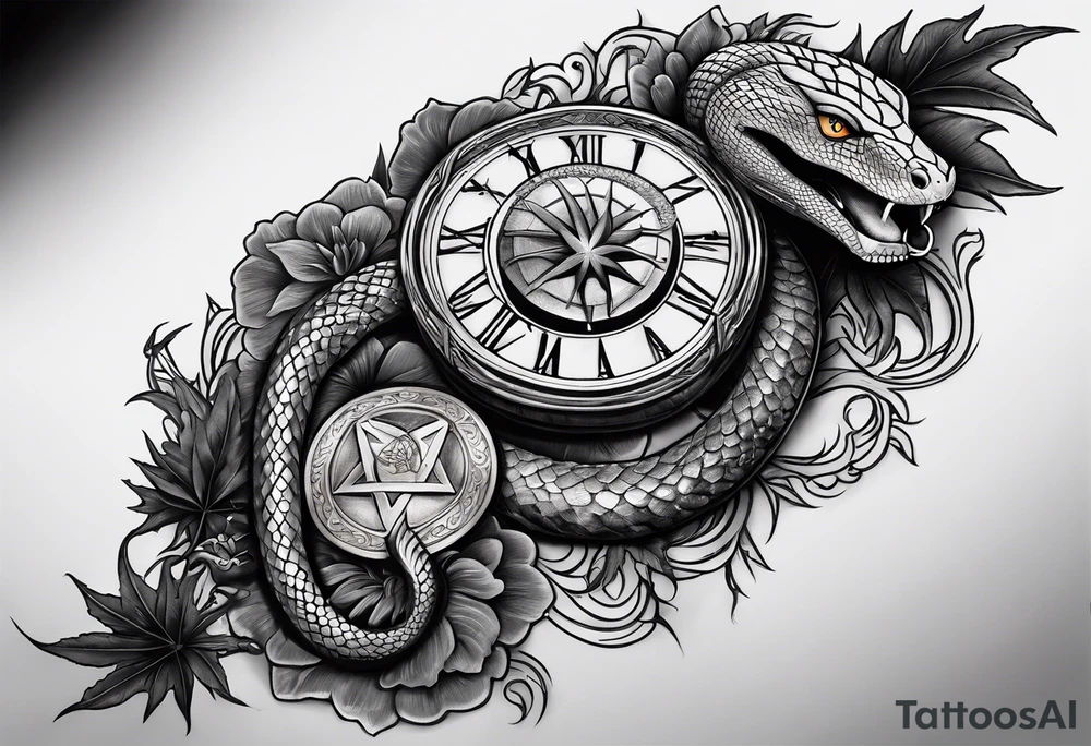 sleeve tattoo with a snake, gun, weed symbol and a medallion that says Hydra on it tattoo idea