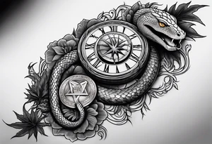 sleeve tattoo with a snake, gun, weed symbol and a medallion that says Hydra on it tattoo idea