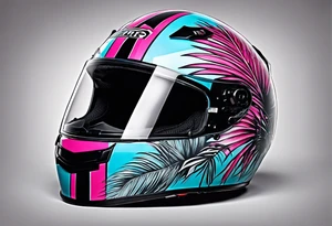 Formula 1 helment with a palm tree and black pink and light blue color tattoo idea