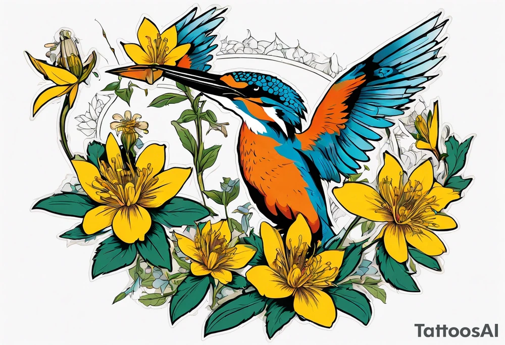 Thigh tattoo of a Kingfisher taking flight surrounded by St John's Wort flowers (each flower has 5 petals) tattoo idea