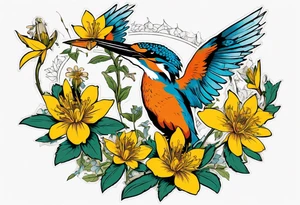 Thigh tattoo of a Kingfisher taking flight surrounded by St John's Wort flowers (each flower has 5 petals) tattoo idea
