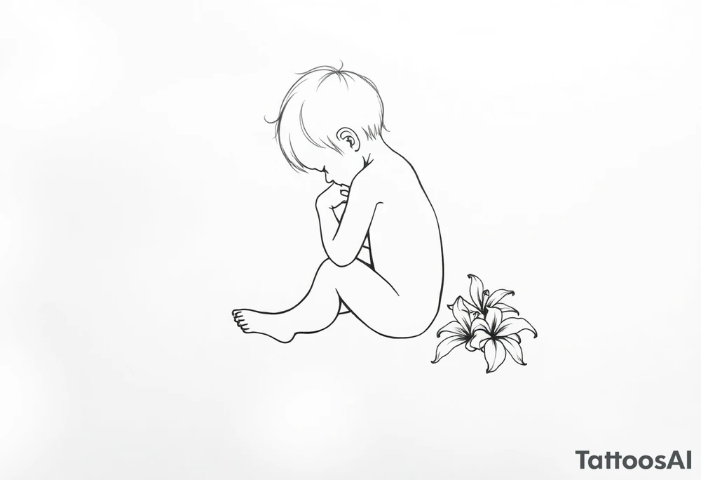 A simple tile floor with a minimalist silhouette of a curled up child sitting on the floor with a lily next to her tattoo idea