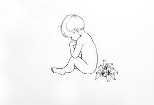 A simple tile floor with a minimalist silhouette of a curled up child sitting on the floor with a lily next to her tattoo idea