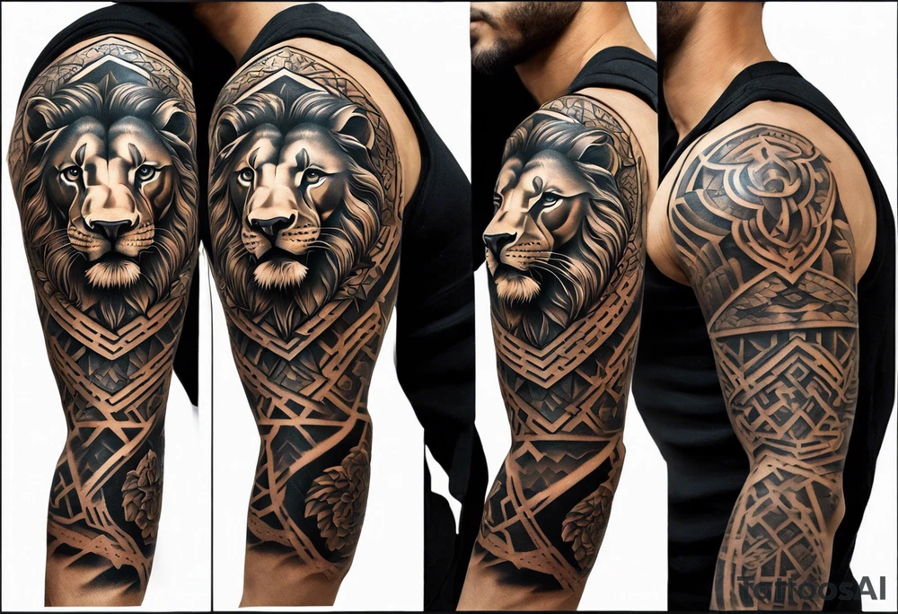 A full tattoo sleeve designed with a strong, masculine aesthetic, featuring a powerful lion as the centerpiece. The lion, symbolizing strength, courage, and leadership, is depicted with intricate detail and dynamic shading, capturing its fierce expression and majestic mane. Surrounding the lion, incorporate geometric patterns that add structure and contrast to the design. These patterns are bold and angular, creating a sense of order and symmetry that complements the natural form of the lion. The geometric elements are woven around the lion, emphasizing its central position while providing a modern, edgy backdrop. The shading throughout the sleeve is deep and dramatic, enhancing the contrast between the organic features of the lion and the precise lines of the geometric patterns. The overall design is bold, intense, and visually striking, combining the raw power of the lion with the clean, ordered aesthetic of geometric patterns for a cohesive and masculine tattoo sleeve. tattoo idea