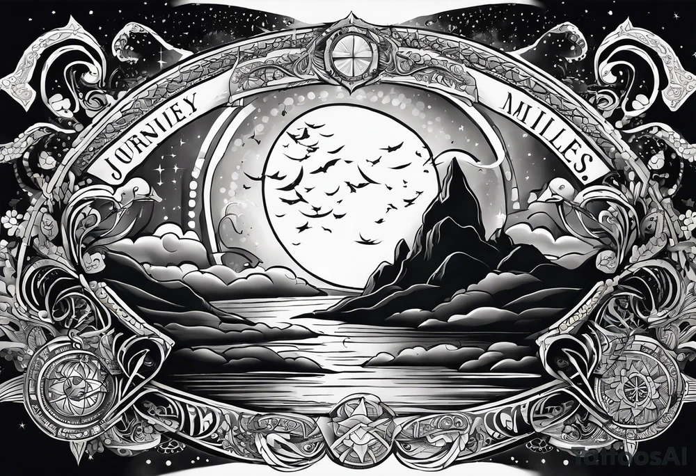 A tattoo featuring a meaningful quote about life's journey, such as "The journey of a thousand miles begins with a single step," accompanied by celestial elements to emphasize the cosmic nature of your path. tattoo idea