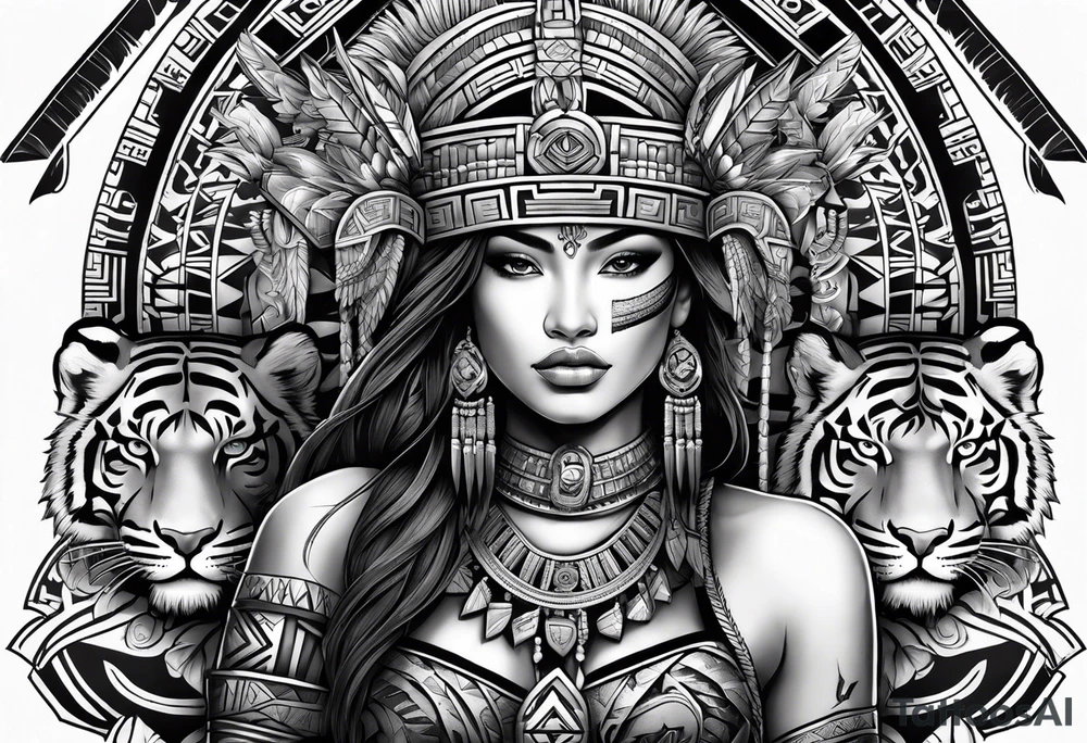 Aztec female warrior with aztec symbols in the background with a tiger tattoo idea