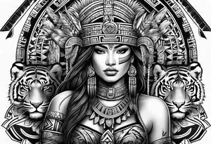 Aztec female warrior with aztec symbols in the background with a tiger tattoo idea