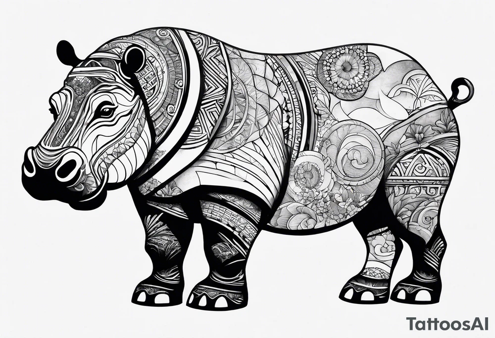 Asymmetrical, geometric, chinese ink art touch, hippo , full moon, tribal, orientation portrait tattoo idea
