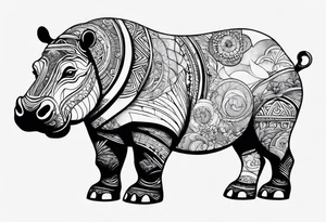 Asymmetrical, geometric, chinese ink art touch, hippo , full moon, tribal, orientation portrait tattoo idea