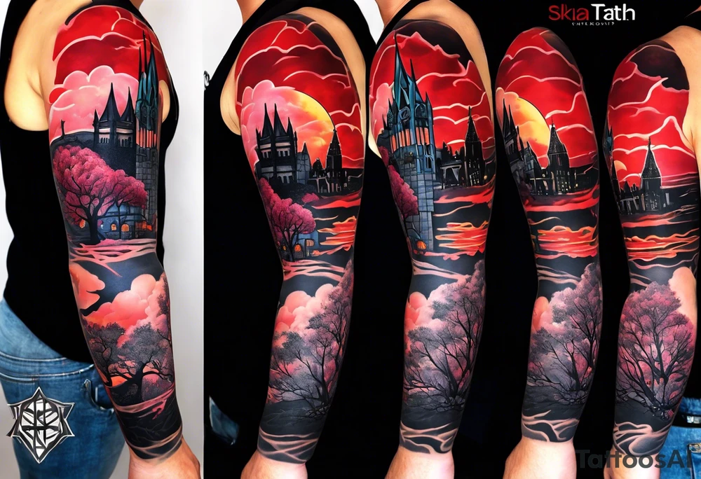 I am black Full arm sleeve with multiple elements blended together. I want the Duke university chapel , cherry tree elements , red clouds from akatski , naruto or sauske , Atl skyline and captain tattoo idea