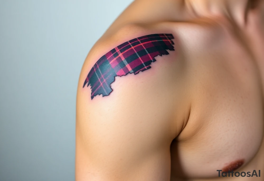 Side of arm Dark Purple with green pink blue and white highlights tartan fabric with skin peeling away at edges tattoo idea