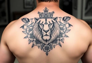 powerful majestic lion with a crown, surrounded by floral ornaments and birds tattoo idea