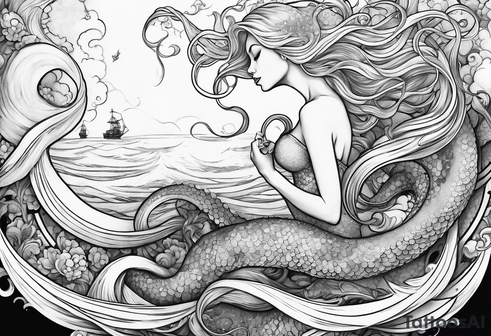 Blond mermaid swinging on a giant octopus tattoo idea