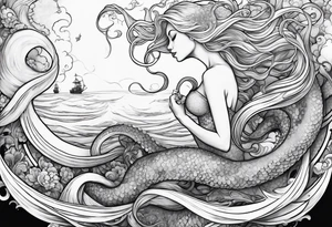 Blond mermaid swinging on a giant octopus tattoo idea