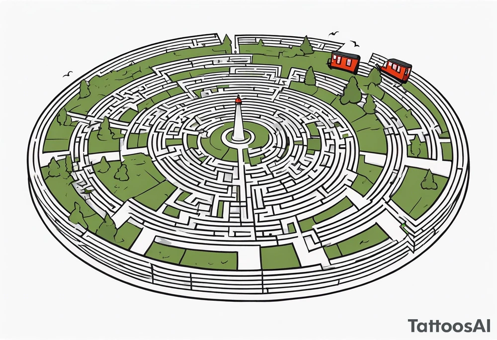 Maze with a train track in the middle. Sky cracking with moon of time tattoo idea