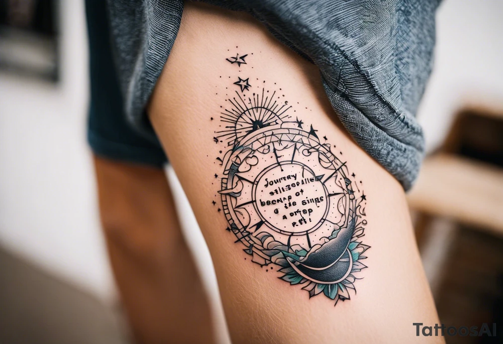 A tattoo featuring a meaningful quote about life's journey, such as "The journey of a thousand miles begins with a single step," accompanied by celestial elements to emphasize the cosmic nature of your path. tattoo idea