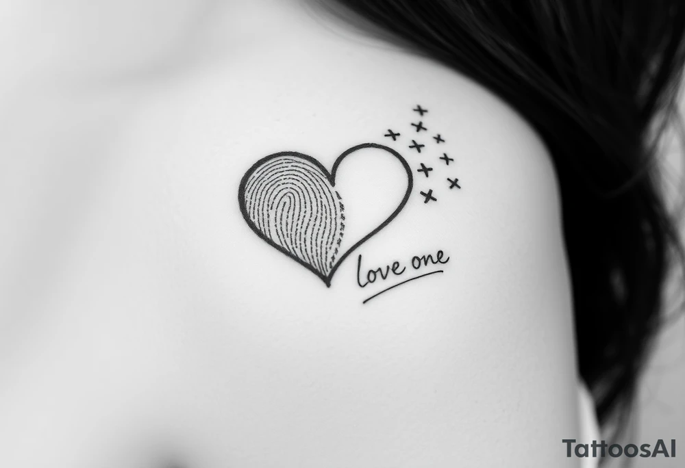 Two fingerprints merged into a heart shape, with the top right edge breaking away into a few small planes flying into the sky.

Signature Beneath the heart in the loved one’s handwriting flowing up into the heart tattoo idea