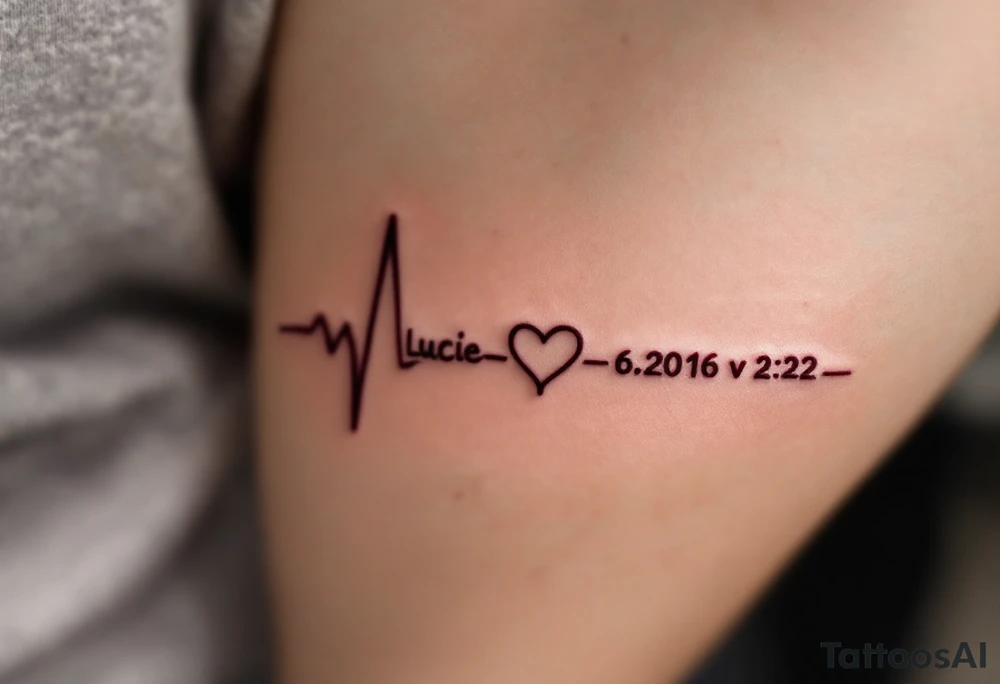 Delicate heartbeat line ending in "Lucie – 6.8.2016 v 2:22" in wine red ink. tattoo idea