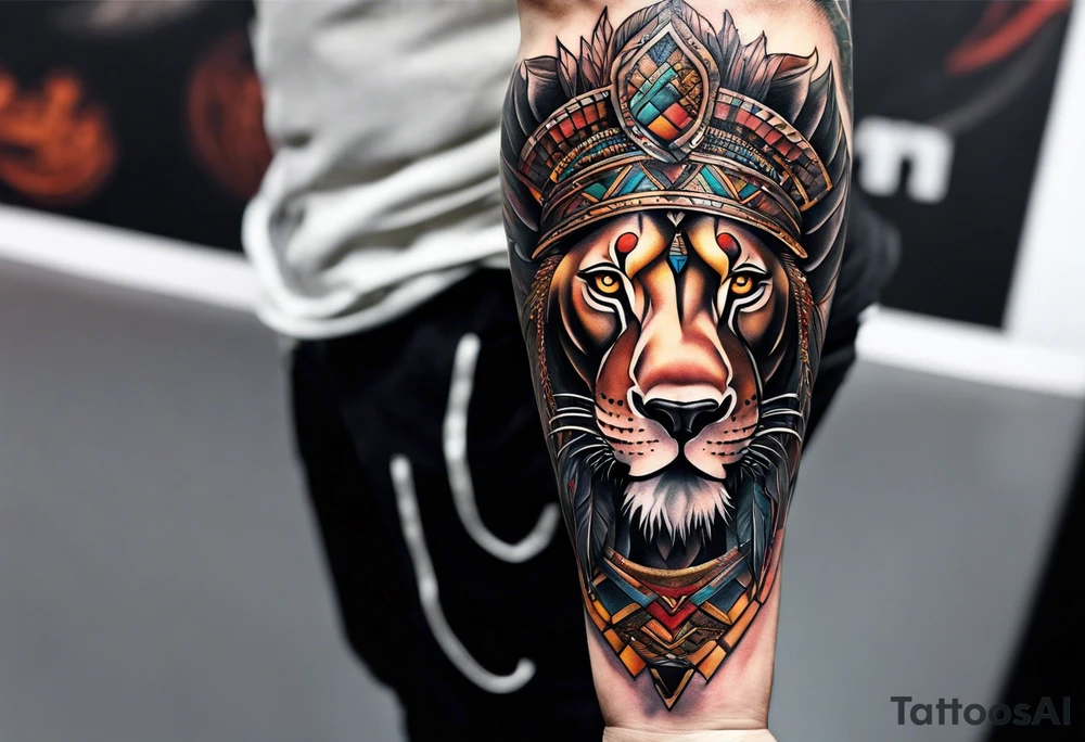 Forearm tattoo of a African warrior with a lion tattoo idea